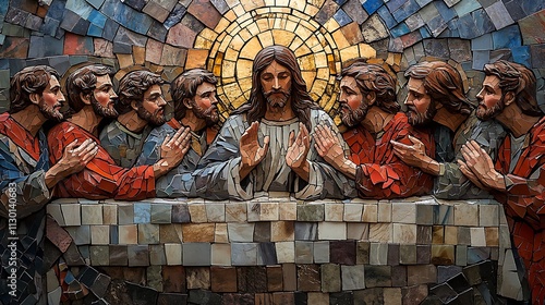 Last Supper mosaic artwork, Jesus in the middle, his hands extended in blessing, apostles gathered around him with vivid expressions of surprise and contemplation,