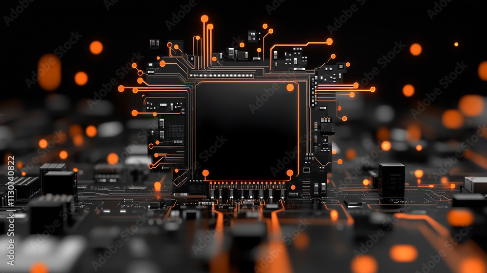 Fototapeta premium A futuristic rendering of a circuit board with a central processor glowing brightly, surrounded by intricate pathways and glowing nodes.