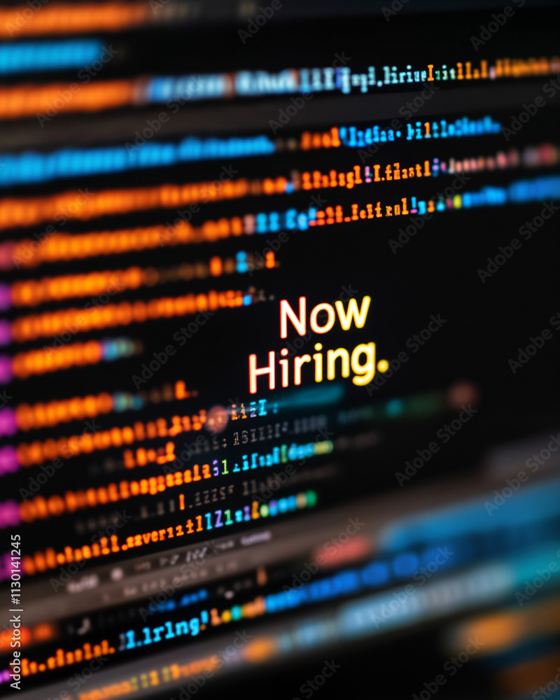 Obraz premium Now Hiring glowing text on colorful programming code background, tech recruitment and job application focus