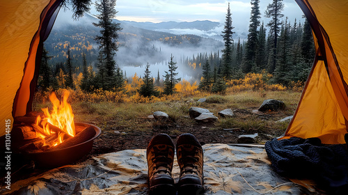 Autumn Campfire: Misty Mountain Lake View photo