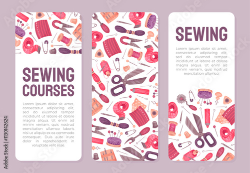 Sewing Tools Banner Design with Handcraft Equipment Vector Template