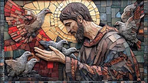Mosaic art of Saint Francis of Assisi surrounded by doves and deer, his gentle hand extended in blessing, deep green and brown tones in the background tiles, golden light from his halo,