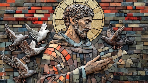 Mosaic art of Saint Francis of Assisi surrounded by doves and deer, his gentle hand extended in blessing, deep green and brown tones in the background tiles, golden light from his halo,