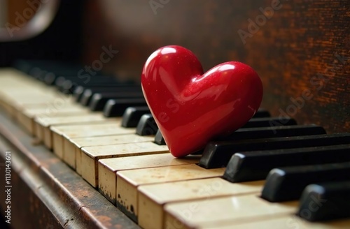 Abstract blurred bokeh on red background. Red heart on piano keys, keyboard close up. Concept of love, valentine's day. Love background. Music lessons, piano. Music day.