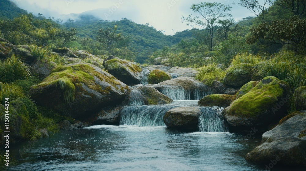 Fototapeta premium A calm mountain stream with clear, pure water flows over huge rocks covered with lush green moss background wallpaper AI generated image