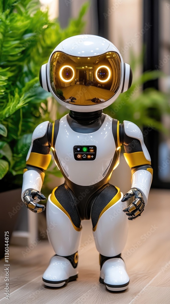 Futuristic Robot with Golden Visor in Modern Interior Setting Surrounded by Greenery and Wooden Flooring Futuristic Robot with Golden Visor in Modern Interior Setting Surrounded by Greenery and Wooden Flooring