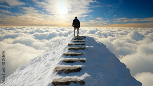 Man Ascends Snowy Peak, Rea...