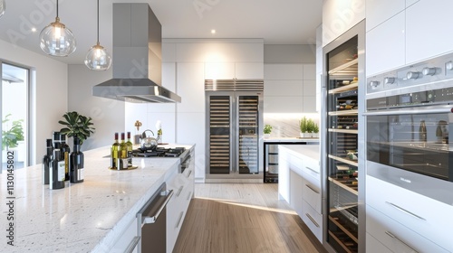 A sleek kitchen featuring white cabinets, quartz countertops