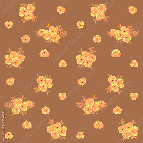 Seamless vintage floral pattern with yellow roses on Brown BRAN color background. Ideal for fabric design, wallpapers, and textiles.