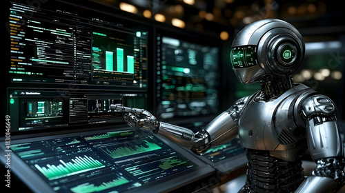 Robot Analyzes Data on Scre...