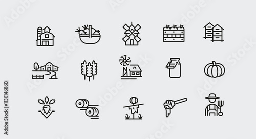 Farm icons. Set of 15 farm-themed trendy minimal icons. Example: Tractor, Combine Harvester, Corn, Windmill, Chicken icon. Design signs for web page, mobile app, packaging design. Vector illustration