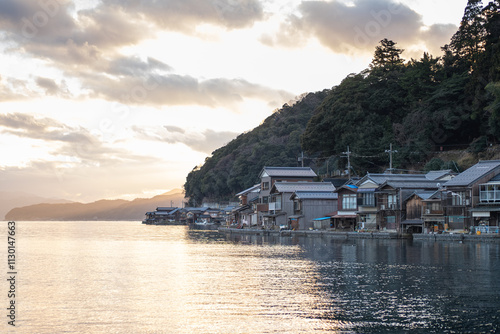 Funaya house with boat and sea of Ine bay at Ine Kyoto Japan photo