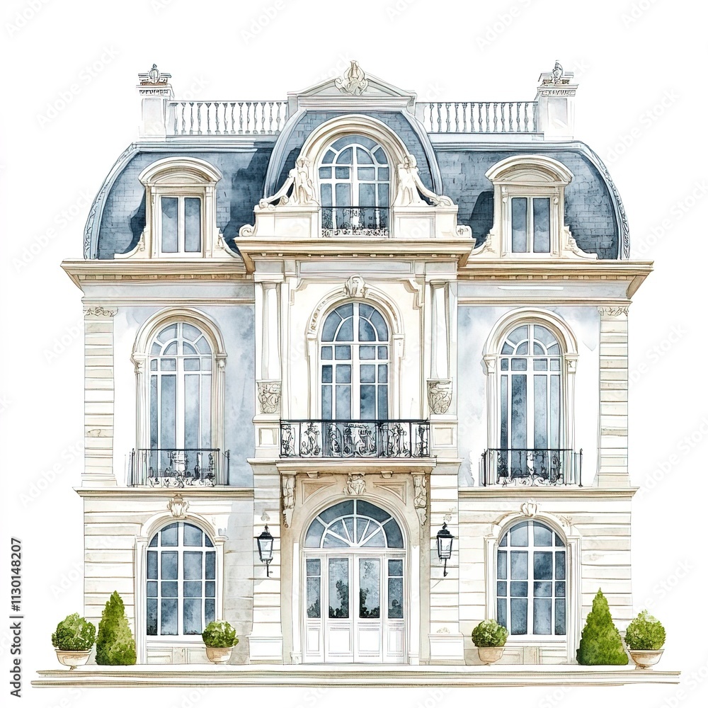 Fototapeta premium An elegant palace facade, classical European architecture, watercolor style, pastel tones, isolated on white background 