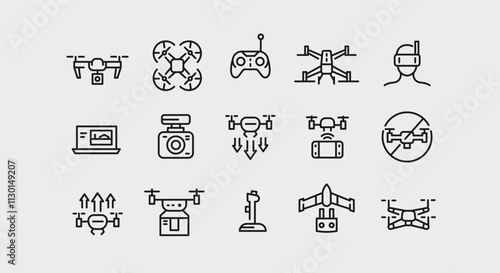 Drone icons. Set of 15 drone trendy minimal icons. Example: Quadcopter, remote control, battery, camera, FPV goggles icon. Design signs for web page, mobile app, packaging design. Vector illustration.