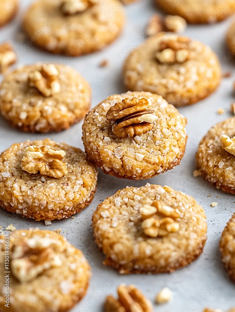 Close-up of Delicious Walnut Cookies with Sugar Crystals.