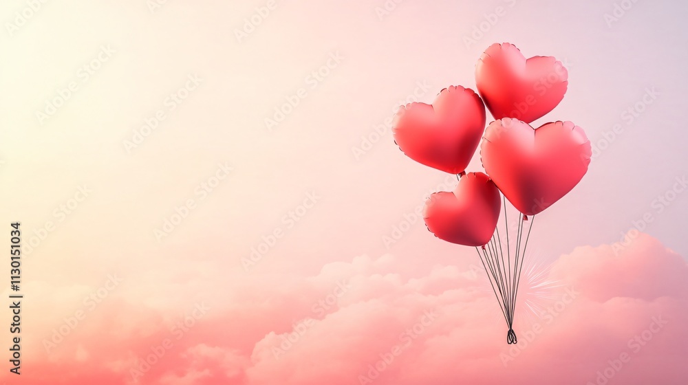 Fototapeta premium Valentine's Day Concept with Heart-Shaped Balloons, Pink Cloudy Sky, and Radiant Sunburst