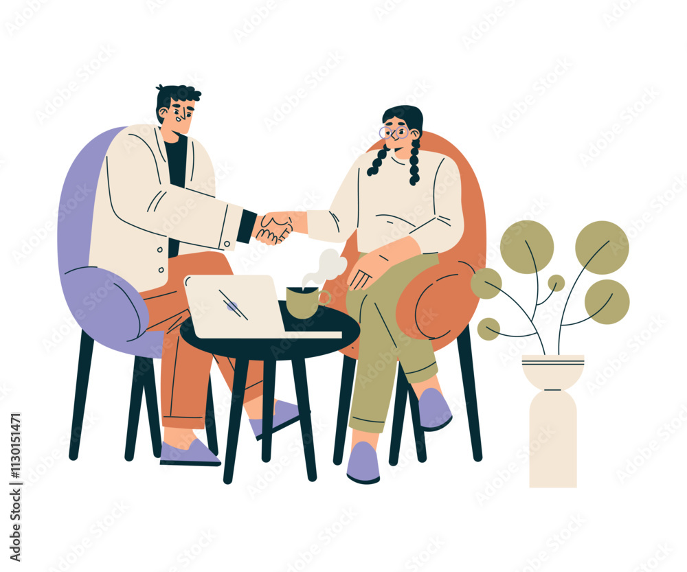 Fototapeta premium Man and Woman Character Shaking Hands after Completed the Deal Vector Illustration