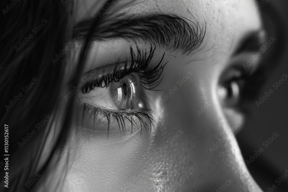 Fototapeta premium Intriguing Close-Up: Black and White Portrait of a Woman's Eyes, Captivating Gaze and Subtle Emotions