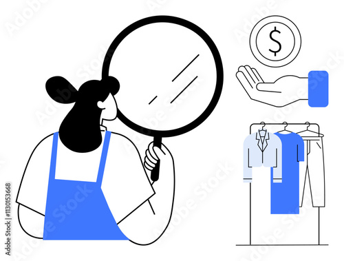 Woman with magnifying glass studying details, open hand holding dollar coin, clothes hanging on rack. Ideal for financial inspection, budgeting, retail analysis, investment review, pricing