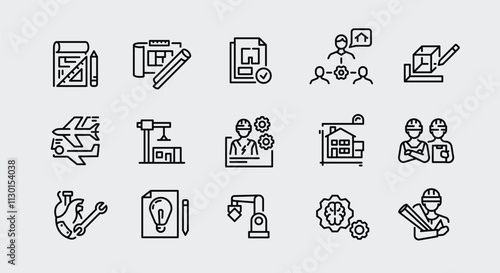 Engineering icons. Set of 15 engineering trendy minimal icons. Compass, Drafting Tool, Construction Worker icons. Design signs for web page, mobile app, technical documentation. Vector illustration