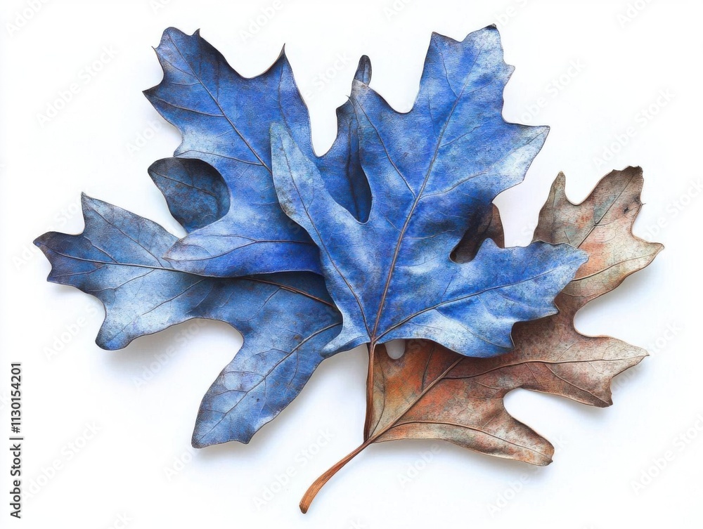 Fototapeta premium Three Blue Oak Leaves on White Background