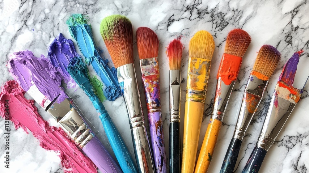 Fototapeta premium Assorted paintbrushes dipped in vivid colors, laid out beside a palette knife