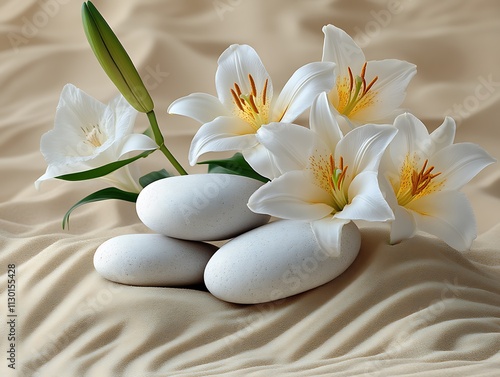 White Lilies and Smooth Stones Resting on Sand