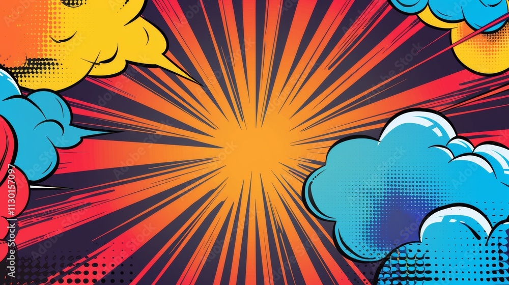 Obraz premium Vibrant Comic Book Style Explosion Background with Colorful Clouds and Dynamic Rays