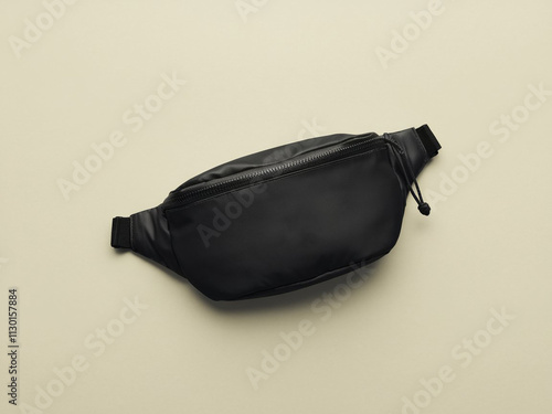 Black blank Fanny pack mockup.Eco friendly stylish trendy Waist pack Zippered Fanny Pack laying flat photo