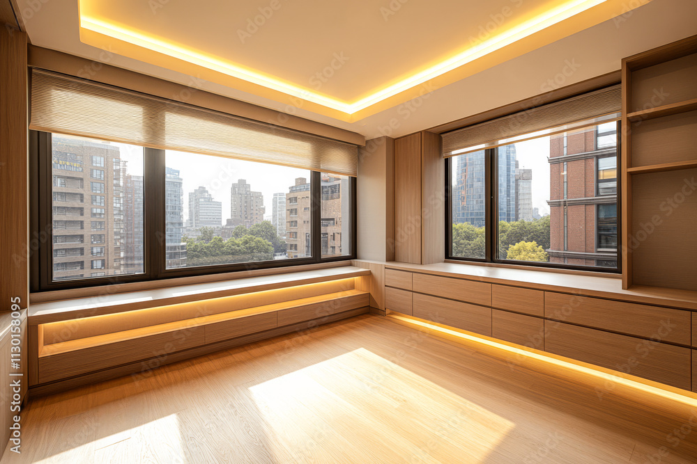Fototapeta premium Modern apartment interior with large windows and city view during daytime hours