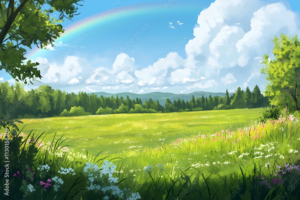 Fototapeta premium Serene Summer Meadow Landscape with Rainbow