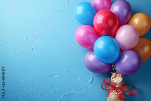 Colorful balloons, light blue background and free space for text, copy space photo