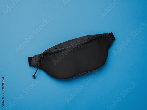 Black blank Fanny pack mockup.Eco friendly stylish trendy Waist pack Zippered Fanny Pack laying flat photo