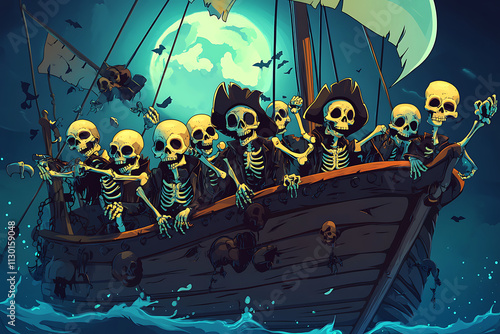 A crew of skeleton pirates sailing on a ghostly ship under a full moon. photo