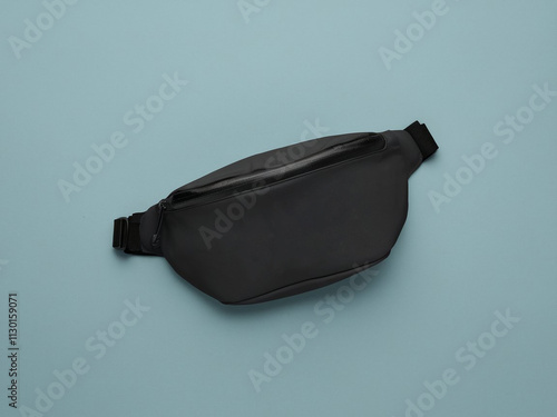 Black blank Fanny pack mockup.Eco friendly stylish trendy Waist pack Zippered Fanny Pack laying flat photo