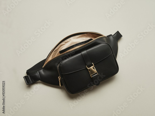 Black blank Fanny pack mockup.Eco friendly stylish trendy Waist pack Zippered Fanny Pack laying flat photo