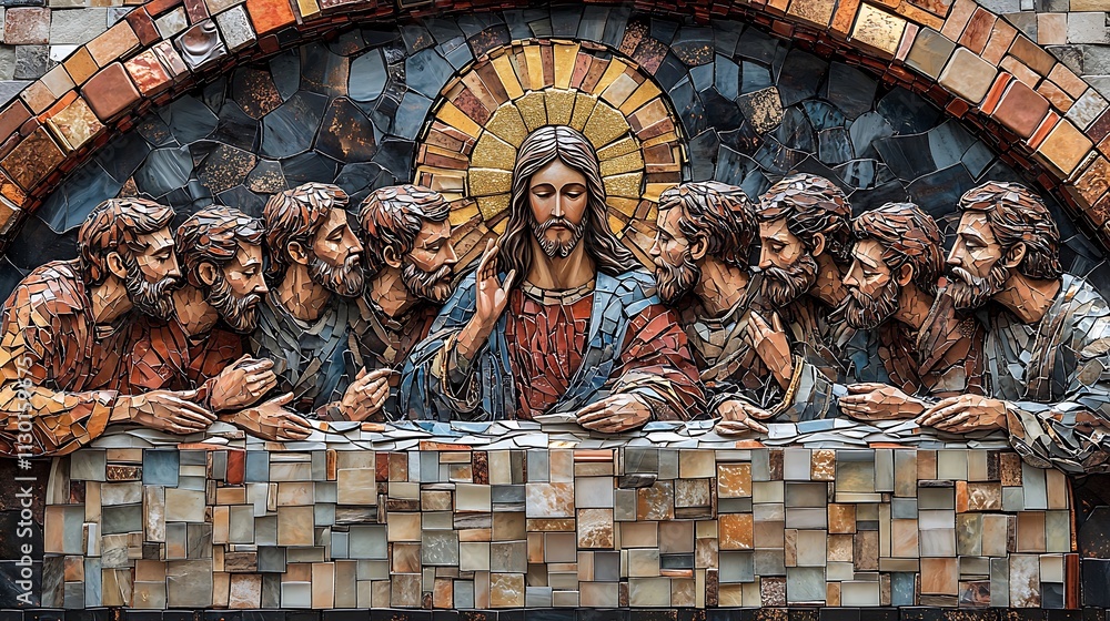 Mosaic of Jesus at the center of the Last Supper table, surrounded by ...