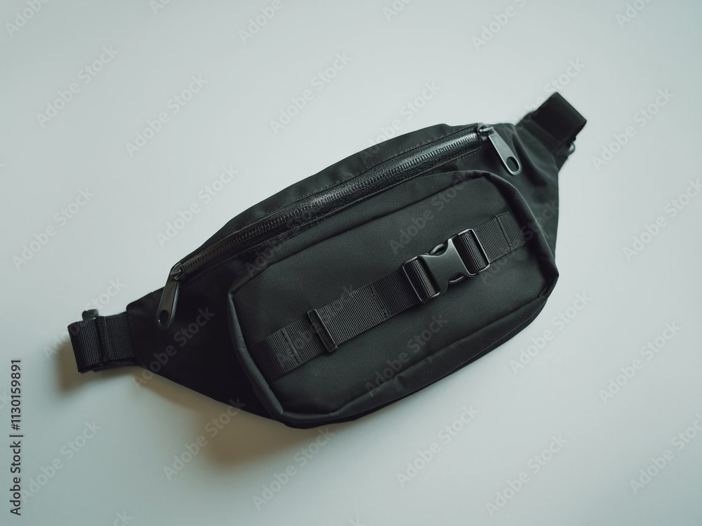 Fototapeta premium Black blank Fanny pack mockup.Eco friendly stylish trendy Waist pack Zippered Fanny Pack laying flat