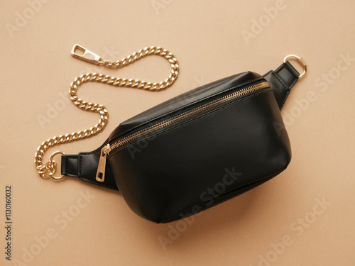 Black blank Fanny pack mockup.Eco friendly stylish trendy Waist pack Zippered Fanny Pack laying flat photo