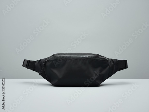 Black blank Fanny pack mockup.Eco friendly stylish trendy Waist pack Zippered Fanny Pack laying flat photo