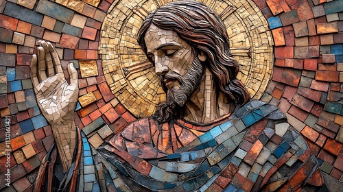 Mosaic of Jesus standing tall with a hand raised in blessing, his face calm and serene, golden halo radiating light, vibrant blue and gold tiles adorning his robe, photo