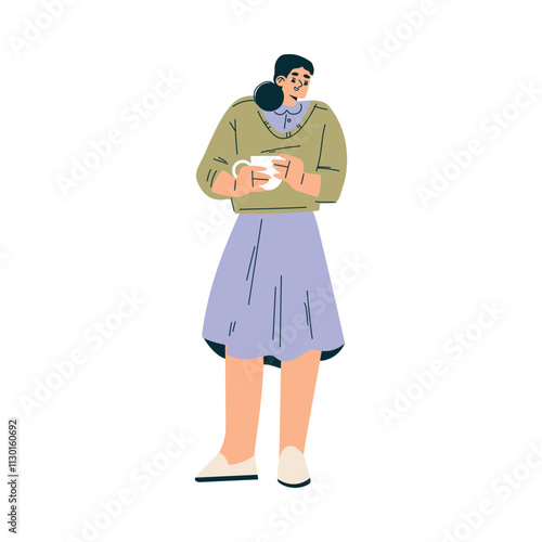 Smiling Woman Hold Mug of Warm Tea or Coffee Vector Illustration