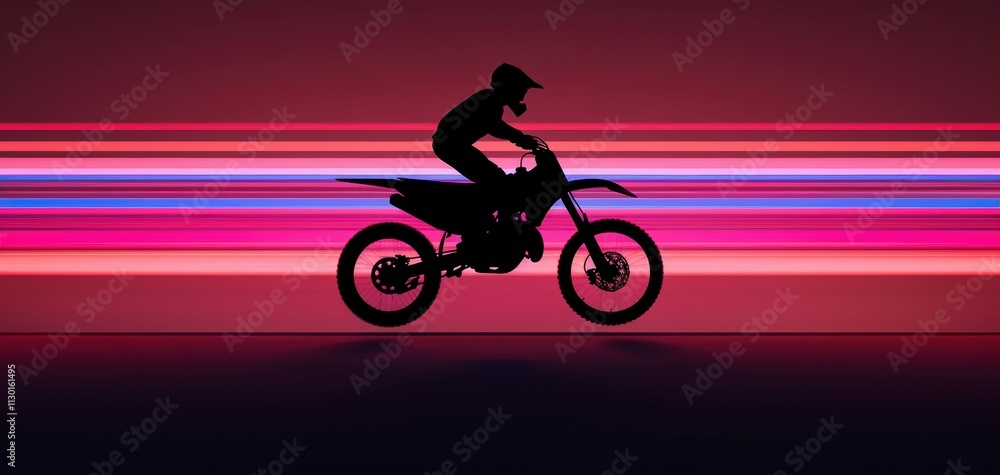 Fototapeta premium Silhouette of a motorcyclist against vibrant neon speed lines.