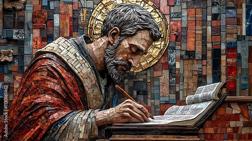 Mosaic of Saint Augustine writing his confessions, surrounded by a detailed library of mosaic books, rich red and gold tiles, thoughtful expression on his face,