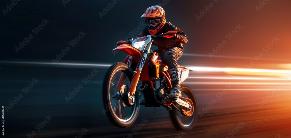 Fototapeta premium Dynamic motorcycle rider speeding through a dark backdrop with motion blur effects.