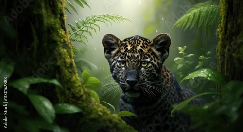 Majestic leopard in lush rainforest setting with sunlit ferns for wildlife art and conservation themes photo