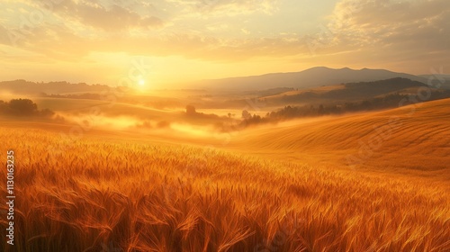 Golden sunrise over misty wheat field and rolling hills.