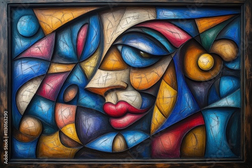 A colorful abstract portrait featuring bold geometric shapes and vibrant hues blending together, creating a captivating visual dynamic.