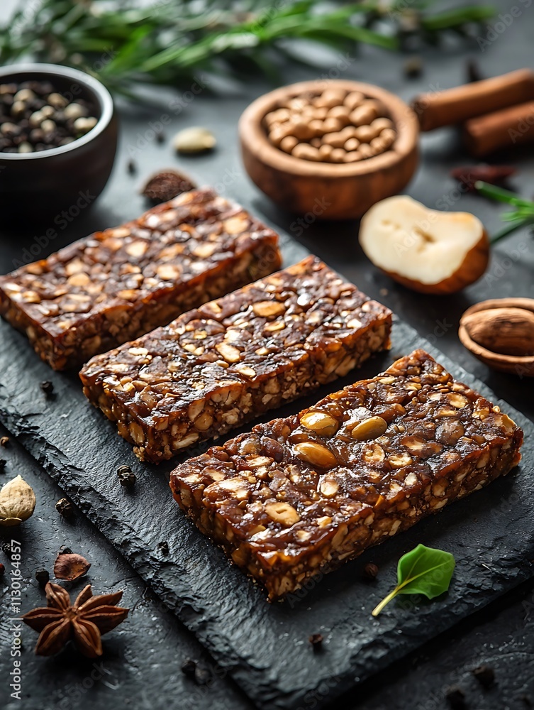 Fototapeta premium Delicious Homemade Nut and Seed Bars with Spices on Dark Background.