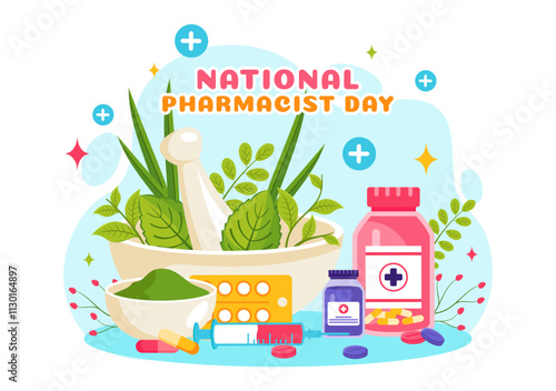 World Pharmacists Day Vector Illustration Featuring a Doctor, Medicines, and Pills in a Healthcare Themed Flat Style Cartoon Background